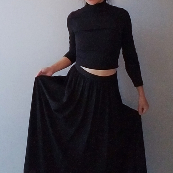 Long Black Silky Chiffon Maxi Skirt Dress Hi Rise